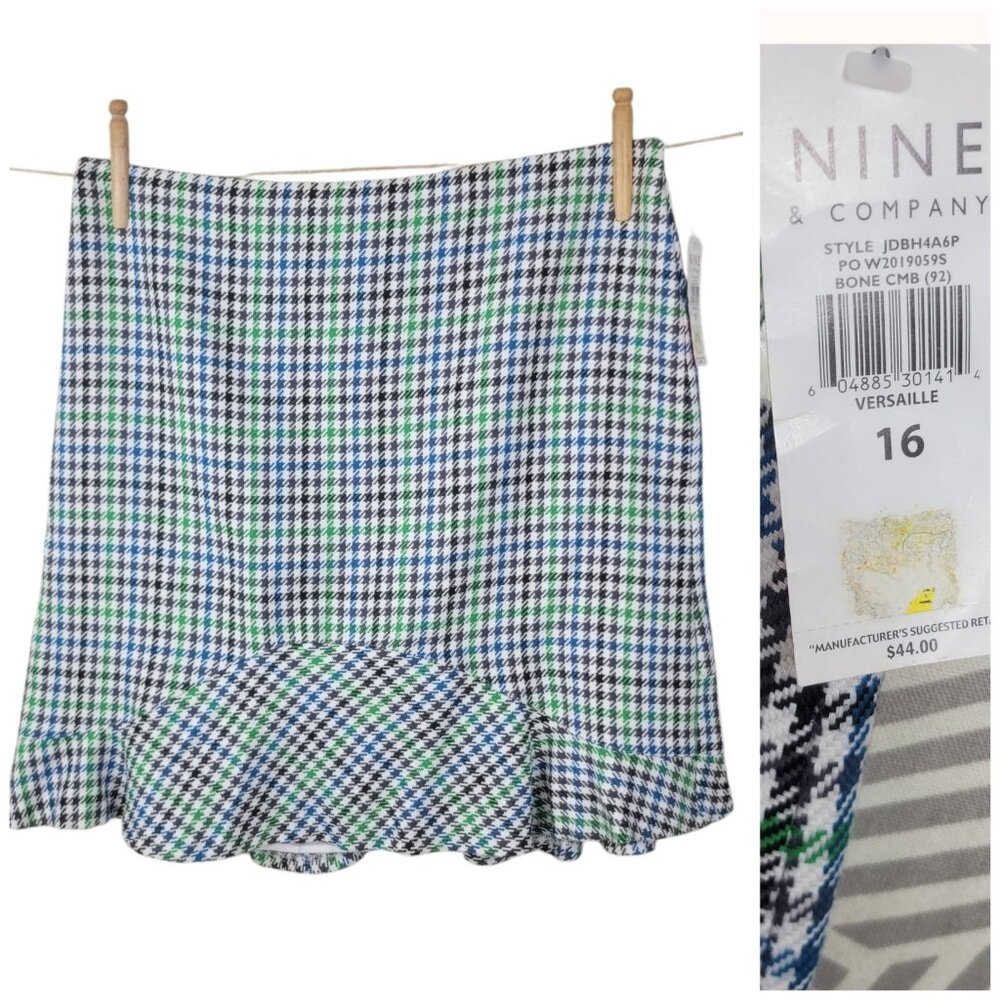 New Nine & Co Plaid Houndstooth Skirt size 16 Career Blue Green Flare Y2K VTG